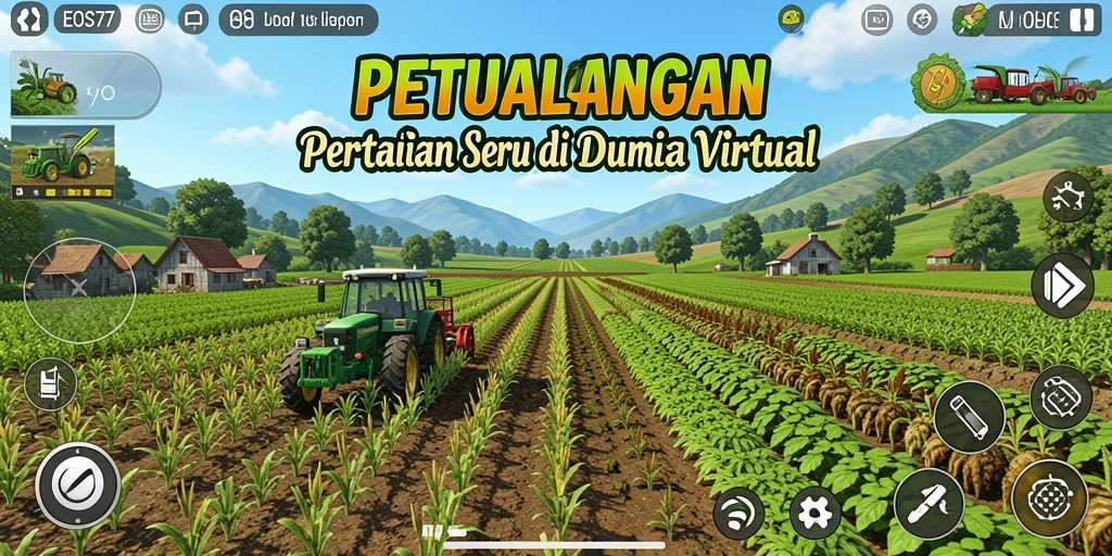 Tangkapan layar gameplay EOS77 menampilkan kebun yang hijau dan hewan lucu.