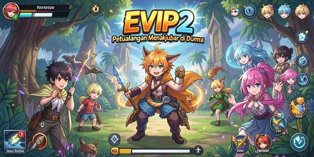 Tampilan gameplay EVIP2 menampilkan karakter anime dalam pertempuran seru.