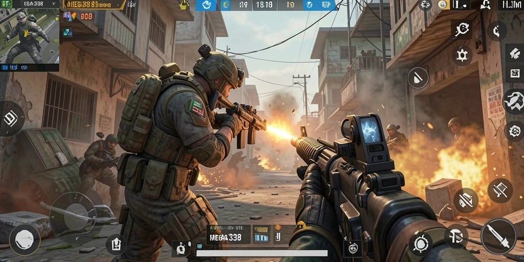 Screenshot MEGA338 menampilkan aksi seru dalam gameplay FPS.