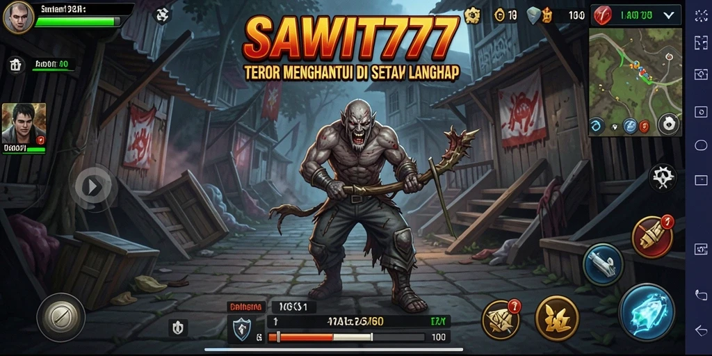 Screenshot gameplay menegangkan dari SAWIT777 yang memperlihatkan suasana Horror.