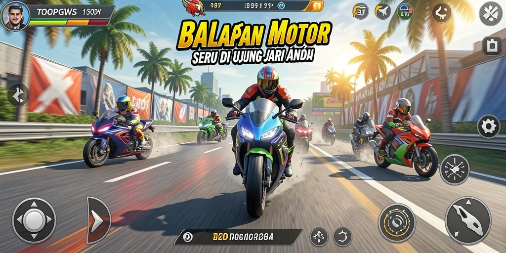 Tangkapan layar gameplay TOOPGWS dengan balapan motor yang mendebarkan.