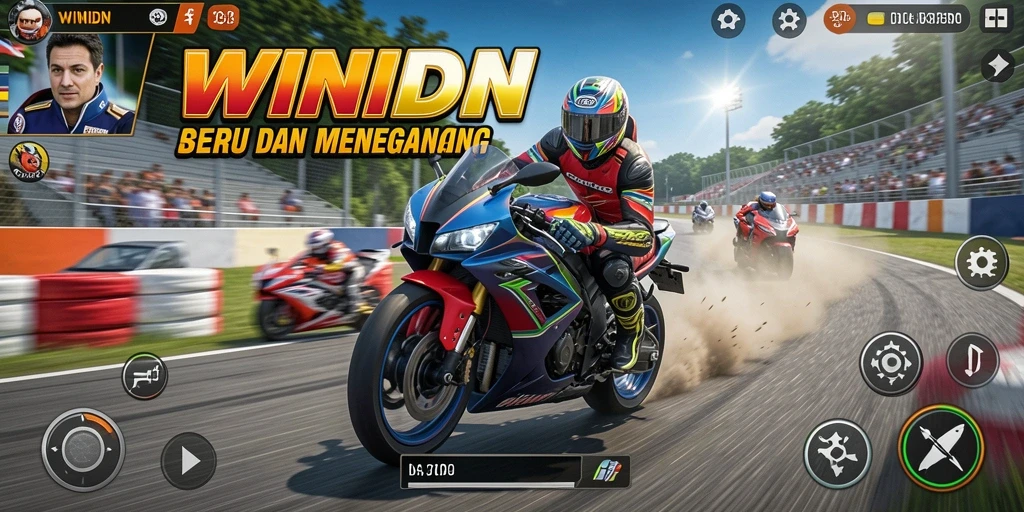 Tampilan seru gameplay WINIDN dengan balapan motor yang mendebarkan.